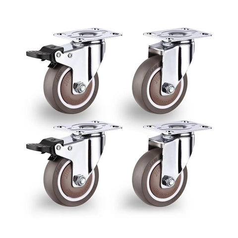 Four Pack Three Inch Rubber Swivel Casters Featuring Silent Roll Action And Foot Stop Brakes Heavy Duty Stem Mounted Furniture Wheels