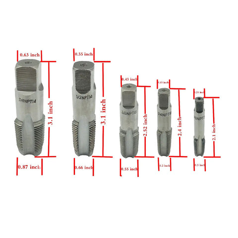 5 Piece NPT Thread Forming Taps Set For Pipe Threads Cleanup And Re Threading Damaged Or Jammed Threads, High Speed Steel Drill Bits Included, Sizes One Eighth Inch, One Quarter Inch, Three Eighths Inch, One Half Inch, Three Quarters Inch In Box