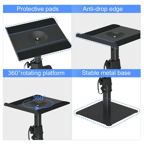 Two Pack Free Standing Universal Desk Speaker Stands with stable metal base and 360° rotating platform, adjustable height, black.