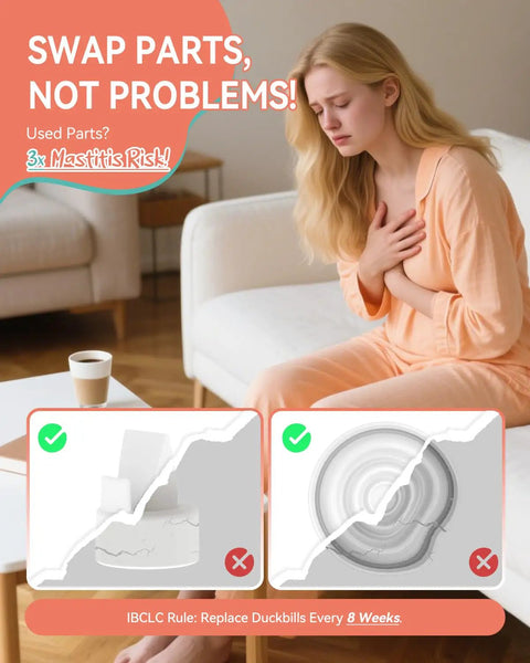 Replacement Breast Pump Parts Kit For S1 S2 S9 Plus Compatible Pumps, 2 X 24mm Flanges, Duckbill Valves, Tubes, Bottles, Backflow Protectors, Not Original Accessories, Built To Last And Easy To Install. woman with breast pain and duckbill valve replacement warning