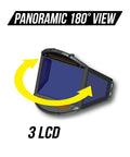 Panoramic 180 View Auto Darkening Welding Helmet With True Color Matte Carbon Fiber Finish, showing three LCD screens.