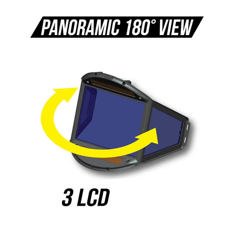 Panoramic 180 View Auto Darkening Welding Helmet With True Color Matte Carbon Fiber Finish, showing three LCD screens.