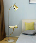 Brushed Antique Brass Floor Lamp With Built In Table Adjustable Reading And Office Light E26 Base Slim Modern Design