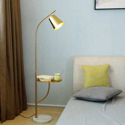 Brushed Antique Brass Floor Lamp With Built In Table Adjustable Reading And Office Light E26 Base Slim Modern Design