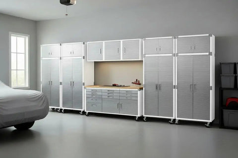 Heavy Duty 12 Piece Steel Garage Cabinet Storage Sets Featuring Lockable Rolling Workbench And Wall Cabinets in a spacious workshop.