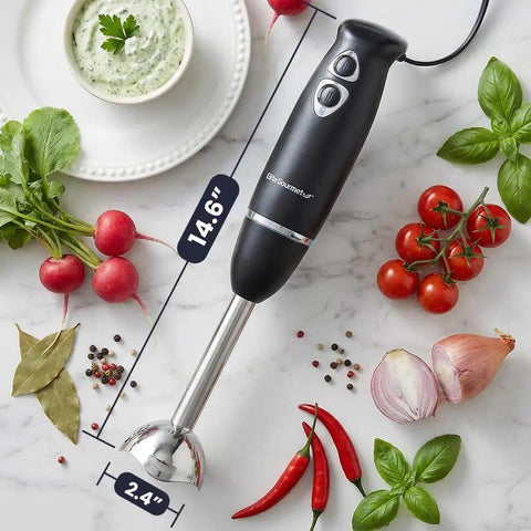 Boost Your Meal Prep Hustle With This Badass 500W Immersion Hand Blender showing black grip, stainless shaft, and kitchen ingredients.