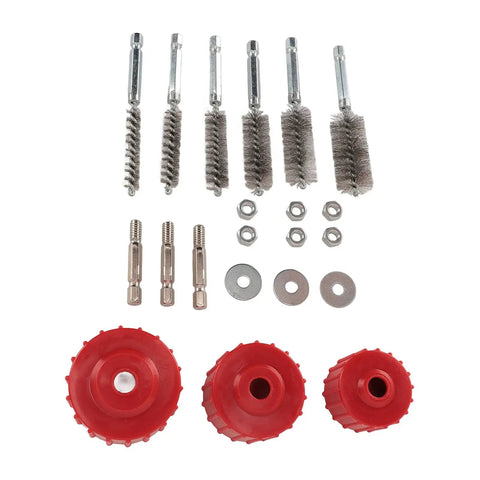 Power Drill Copper Pipe Cleaner Kit For Half Inch, Three Quarter Inch, And One Inch Tubes Cleaning Brush Set with components