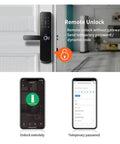 Rock Solid Hella Weatherproof Tuya WiFi Smart Door Lock With Fast Fingerprint Scan And Top Shelf Knock Sensor Doorbell For Next Level Home Security Silver with remote unlock feature, displayed on a door.