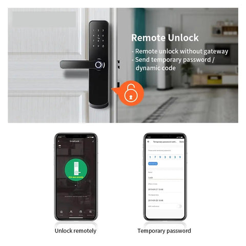 Rock Solid Hella Weatherproof Tuya WiFi Smart Door Lock With Fast Fingerprint Scan And Top Shelf Knock Sensor Doorbell For Next Level Home Security Silver with remote unlock feature, displayed on a door.