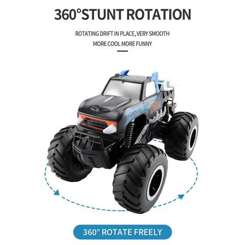 Amphibious RC Car For Land And Water With 1 To 16 Scale Four Wheel Drive Beast Mode Monster Truck And 360 Degree Rotation Waterproof Stunt Vehicle Two Point Four Gigahertz Anti Jamming Remote All Terrain RC Boat In Blue, front view showcasing large tires and 360° stunt capability.
