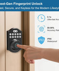 Keyless Smart Lock With Fingerprint And Passcode Plus Tuya App Control Auto Lock Fast 0.3 Second Unlock Stores Up To 100 Fingerprints Easy Do It Yourself Installation Ideal For Home Apartment And Airbnb installed on a door with a hand using the fingerprint sensor.