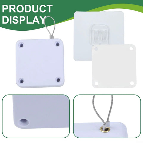 Automatic Door Closer With Adhesive Mount 1200g Tension Retractable Device components shown in white with mounting details