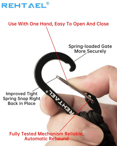 Close-up of Heavy Duty Carabiner Key Chain Set With Military Braided Paracord And Hook Clip D Ring with single-hand operation.