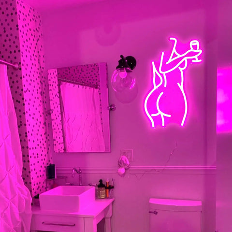 Lady Back Neon Sign Dimmable LED Neon Light Sexy Lady Decor For Bedroom Bar Party Ideal For Man Cave Home Decor Gift Bright Colorful Neon Wall Art Glow, pink silhouette with wine glass in bathroom.
