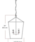 Diagram of Rustic Aged Gold Cage Lantern Chandelier Pendant For Ceiling Light Fixture, 17 Inch Wide, with measurements.