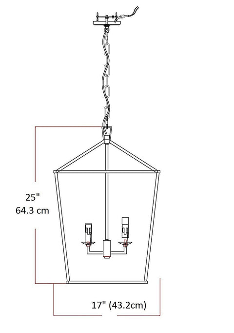 Diagram of Rustic Aged Gold Cage Lantern Chandelier Pendant For Ceiling Light Fixture, 17 Inch Wide, with measurements.