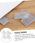 Three heavy duty stackable furniture leveling shims on wood surface, part of 36 Pack Furniture Leveling Shims Stackable Bed Wedges.