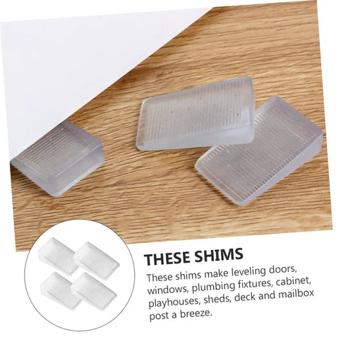 Three heavy duty stackable furniture leveling shims on wood surface, part of 36 Pack Furniture Leveling Shims Stackable Bed Wedges.