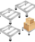 3 Pack Stainless Steel Dunnage Rack Set With Over 1000 Pound Capacity No Assembly Floor Shelves For Kitchen Restaurant Bakery Shop And Garage Storage 11.8 Inch Long By 11.8 Inch Wide By 3.9 Inch High, shown with boxes on top
