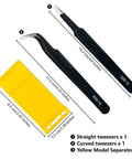 Gundam Model Tool Kit Dope 17 Piece Set with straight tweezers, curved tweezers, and yellow model separator for model kits.