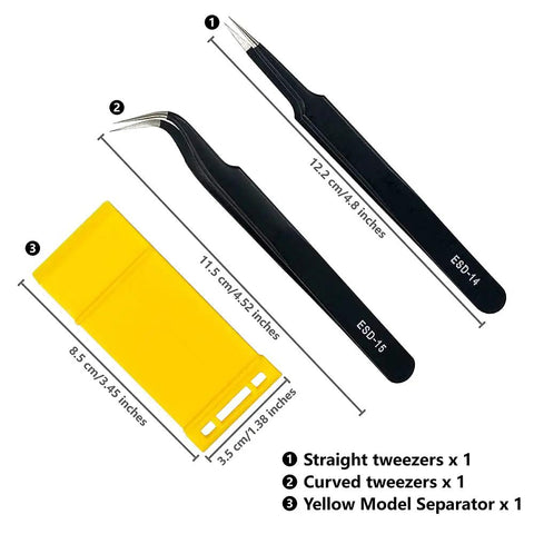 Gundam Model Tool Kit Dope 17 Piece Set with straight tweezers, curved tweezers, and yellow model separator for model kits.