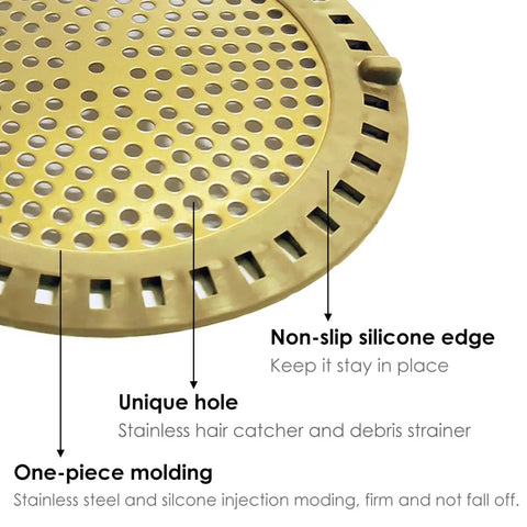 Gold Stainless Steel Shower Drain Catcher With Soft Silicone Edge Flat Round Tub Strainer detail showing unique holes and silicone rim.