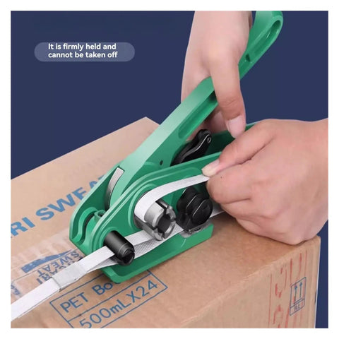 Heavy Duty Manual Strapping Machine Kit with Tensioner And Sealer For Pet And Pp Plastic Banding Up To Three Quarters Inch Wide in use on cardboard.