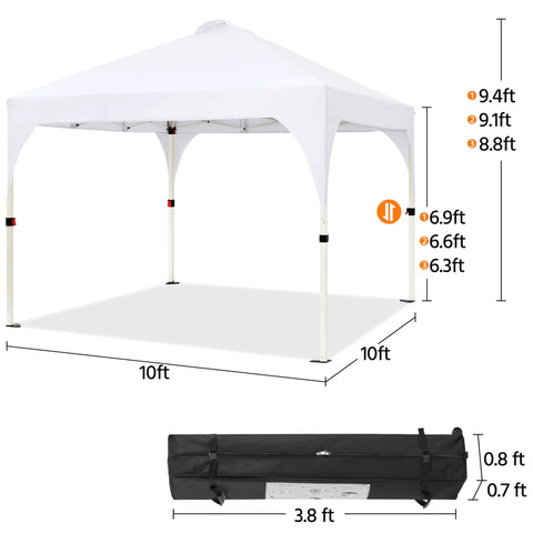 10x10 Pop Up Canopy Tent With Vent For Quick Setup Instant Sun Shelter On Wheeled Bag Includes 4 Sandbags 12 Stakes And 4 Ropes For Parties Beach And Outdoor Use Weather Resistant White displayed with dimensions and carry bag