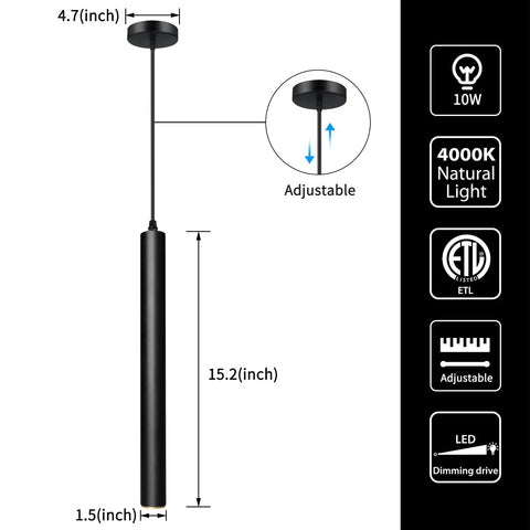 Diagram of Sleek LED Pendant Lights 4000K Dimmable, 15.7 Inch, 10W Each, ETL Listed, with dimensions and features labeled.