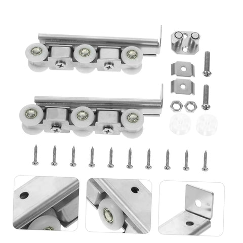 Top Tier Sliding Barn Door Track Roller System With Whisper Quiet Wheels For Kitchen Pantry Bathroom Or Master Bedroom Room Divider Easy Snap Install, metal rollers and track components.