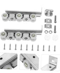 Super Smooth Sliding Barn Door Track Roller System With Heavy Duty Wheels For Kitchen Pantry Bathroom Room Divider Easy Install Rock Solid Iron Mount assembly including rollers, screws, and brackets.