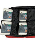 Four white Practi-Trainer AED training modules in a red zippered case.