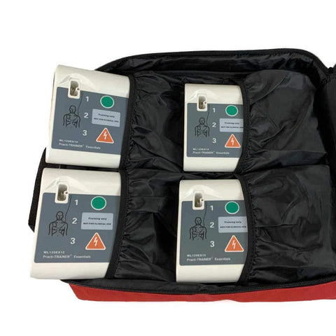 Four white Practi-Trainer AED training modules in a red zippered case.