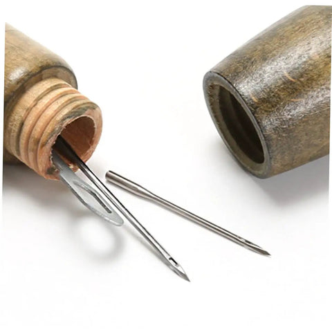 Wooden needles container with metal needle and threader from Leather Stitching Machine Hand Sewing Tool For DIY Crafts Handy And Pro Grade Portable Leather Sewing Device For Home And Shop Use Easy To Use Durable Stitching Kit For Repairs Custom Leather Projects And Quick Fixes