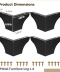 Beefy Heavy Duty Metal Furniture Legs Set 4 Pack in Matte Black with screws, dimensions labeled for quick install and universal fit.
