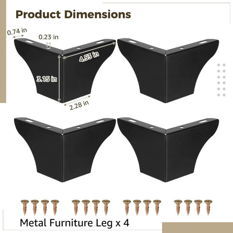 Beefy Heavy Duty Metal Furniture Legs Set 4 Pack in Matte Black with screws, dimensions labeled for quick install and universal fit.