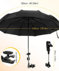 Portable 120cm Beat The Heat All Day Chair Umbrella With Universal Clamp sunshade showing adjustable dimensions for various uses.