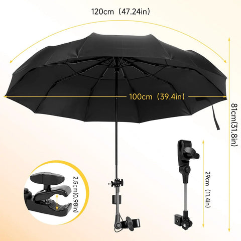Portable 120cm Beat The Heat All Day Chair Umbrella With Universal Clamp sunshade showing adjustable dimensions for various uses.