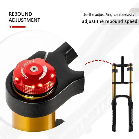Close-up of red rebound adjustment on fat bike front air suspension fork for 20 inch electric and mountain bikes, 140mm travel