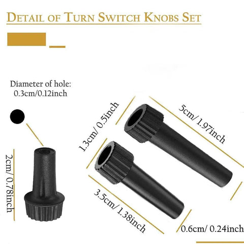 Detail view of Six Pack E26 Lamp Turn Knob On Off Replacement Set showing sizes 20mm, 35mm, 50mm in black plastic for home lighting.