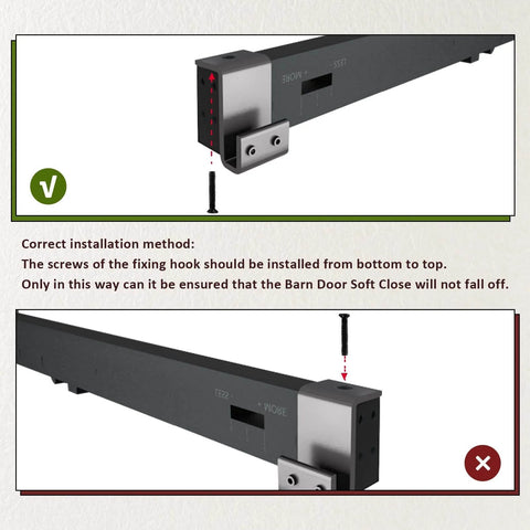Stainless Steel Barn Door Soft Close Mechanism Kit With Adjustable Tension Spring Damper And Included Actuator Spacers, correct installation method and incorrect installation method shown.