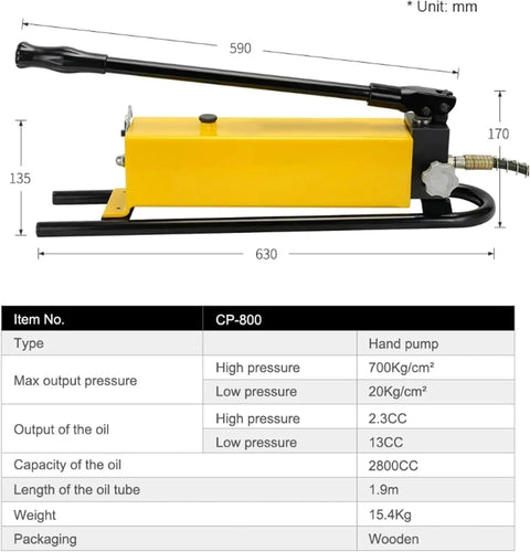 Portable Square Hydraulic Hand Pump High Pressure CP-800 2800CC with long handle and hose, designed for car repair and lifting tasks.
