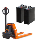 Heavy Duty Electric Pallet Jack With 4400 Lb Capacity And Lithium Battery shown with twin batteries and control handle, suitable for material handling.