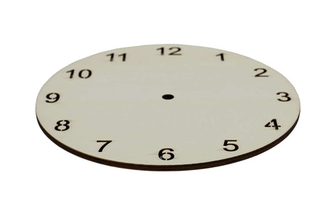 Unfinished wood clock face, 9-inch round with laser-cut numerals for crafts, front view