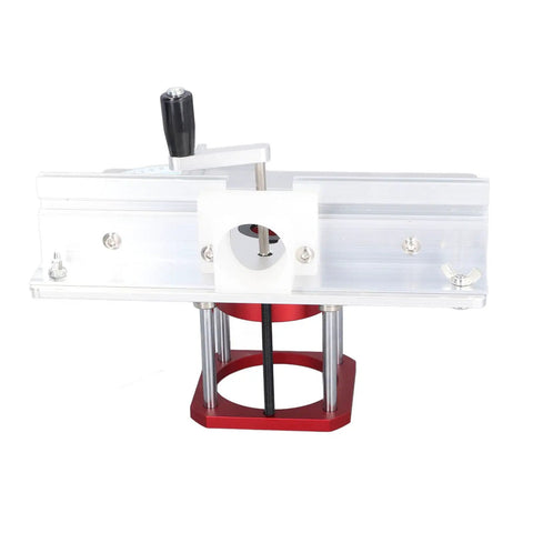 Aluminum router lift assembly showcasing smooth zero to fifty-four millimeter lift system for Built Different Router Table Combo Kit.