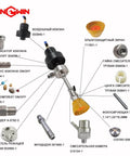 Mixing chamber assembly for waterjet head, single-inlet 60K PASER 3, exploded view with fittings.