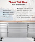 72 Inch Stainless Steel Rolling Tool Chest With 15 Drawers And 3 Upper Cabinets, Mobile Workbench On Wheels, Lockable Storage Cabinet With Pegboard And Solid Wood Top For Pro Grade Tool Organization.