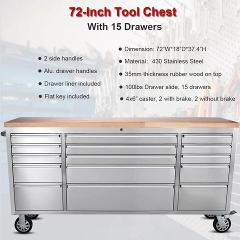 72 Inch Stainless Steel Rolling Tool Chest With 15 Drawers And 3 Upper Cabinets, Mobile Workbench On Wheels, Lockable Storage Cabinet With Pegboard And Solid Wood Top For Pro Grade Tool Organization.
