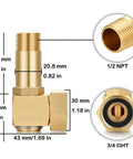 Premium Brass Garden Hose Reel Swivel Elbow Connector Kit, 3/4 Inch GHT To 1/2 Inch NPT Adapter With Spare Gasket And Seal Rings For Solid Lawn Sprinkler Repairs That Actually Hold Up Without Dripping. Brass adapter dimensions with 3/4 GHT and 1/2 NPT