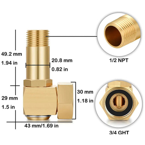 Premium Brass Garden Hose Reel Swivel Elbow Connector Kit, 3/4 Inch GHT To 1/2 Inch NPT Adapter With Spare Gasket And Seal Rings For Solid Lawn Sprinkler Repairs That Actually Hold Up Without Dripping. Brass adapter dimensions with 3/4 GHT and 1/2 NPT